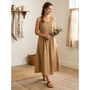 Vermont Country Store Cotton Pintuck Midi Dress Beige Tie Back Cottagecore Sz M